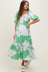 Green Floral Smocked Front Tie Cutout Maternity Maxi Dress