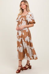 Mocha Floral Smocked Front Tie Cutout Maxi Dress