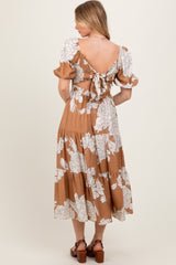 Mocha Floral Smocked Front Tie Cutout Maxi Dress
