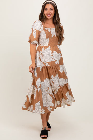 Mocha Floral Smocked Front Tie Cutout Maternity Maxi Dress