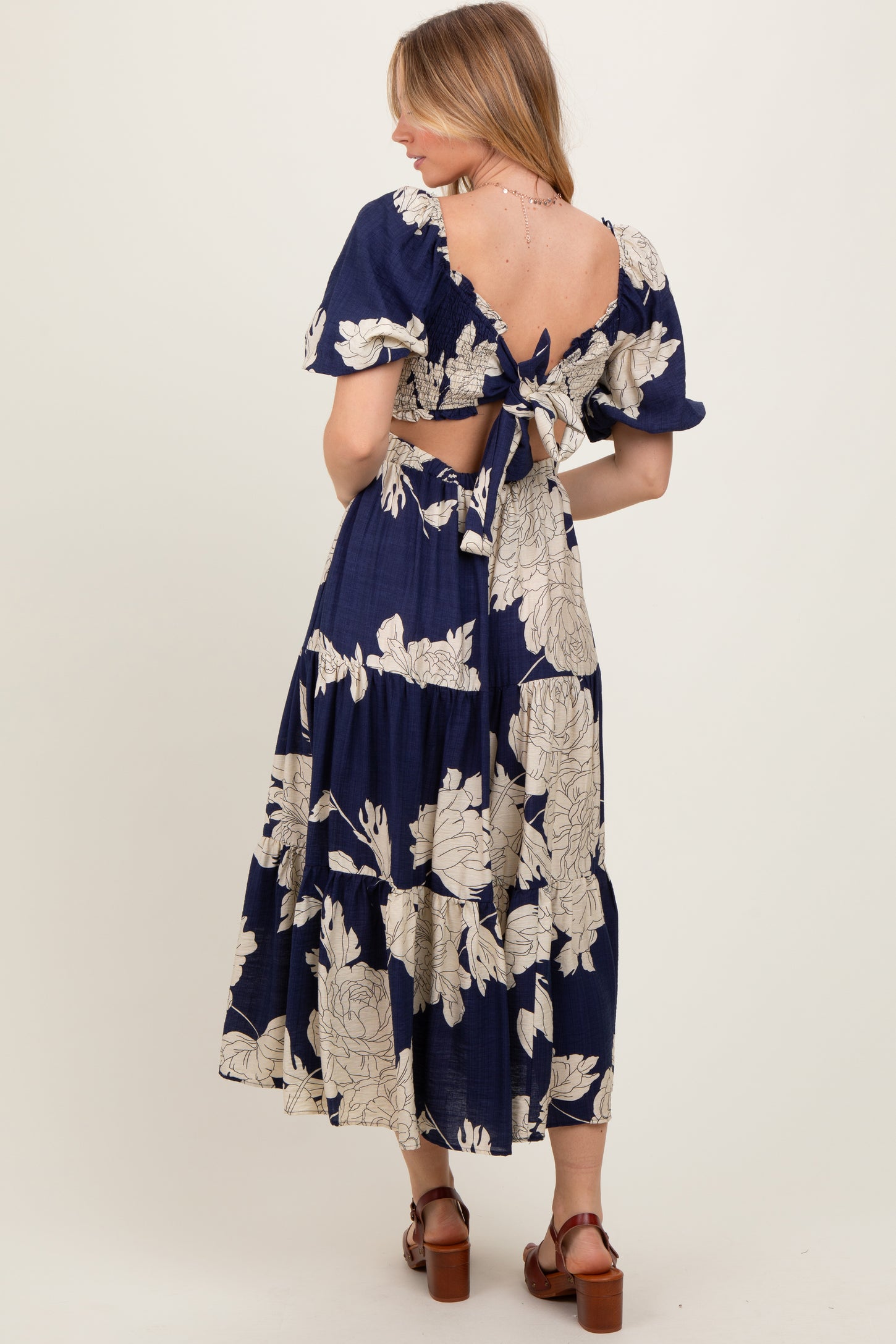 Navy Floral Smocked Front Tie Cutout Maxi Dress