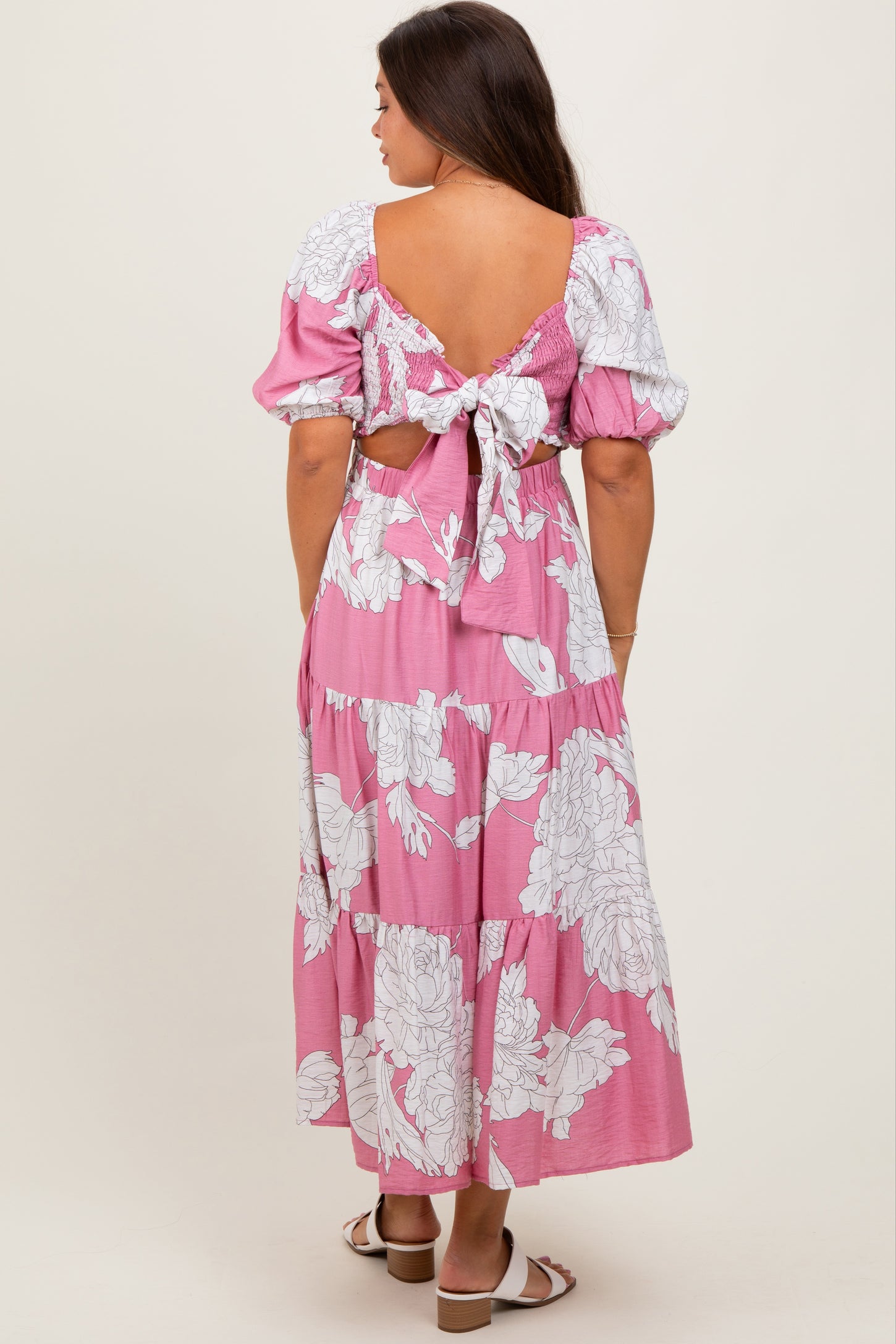 Pink Floral Smocked Front Tie Cutout Maternity Maxi Dress