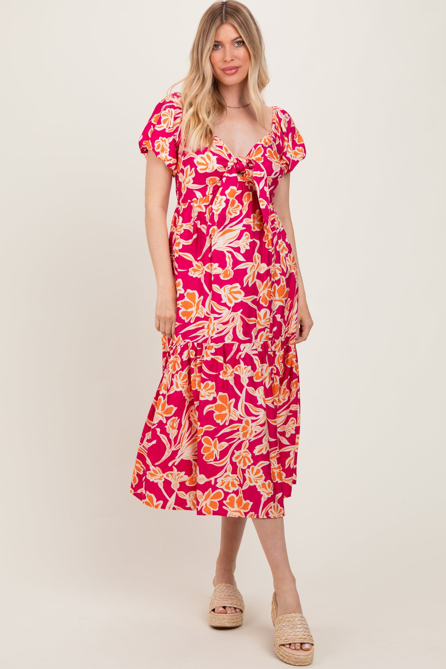 Coral Floral Front Tie Maternity Midi Dress