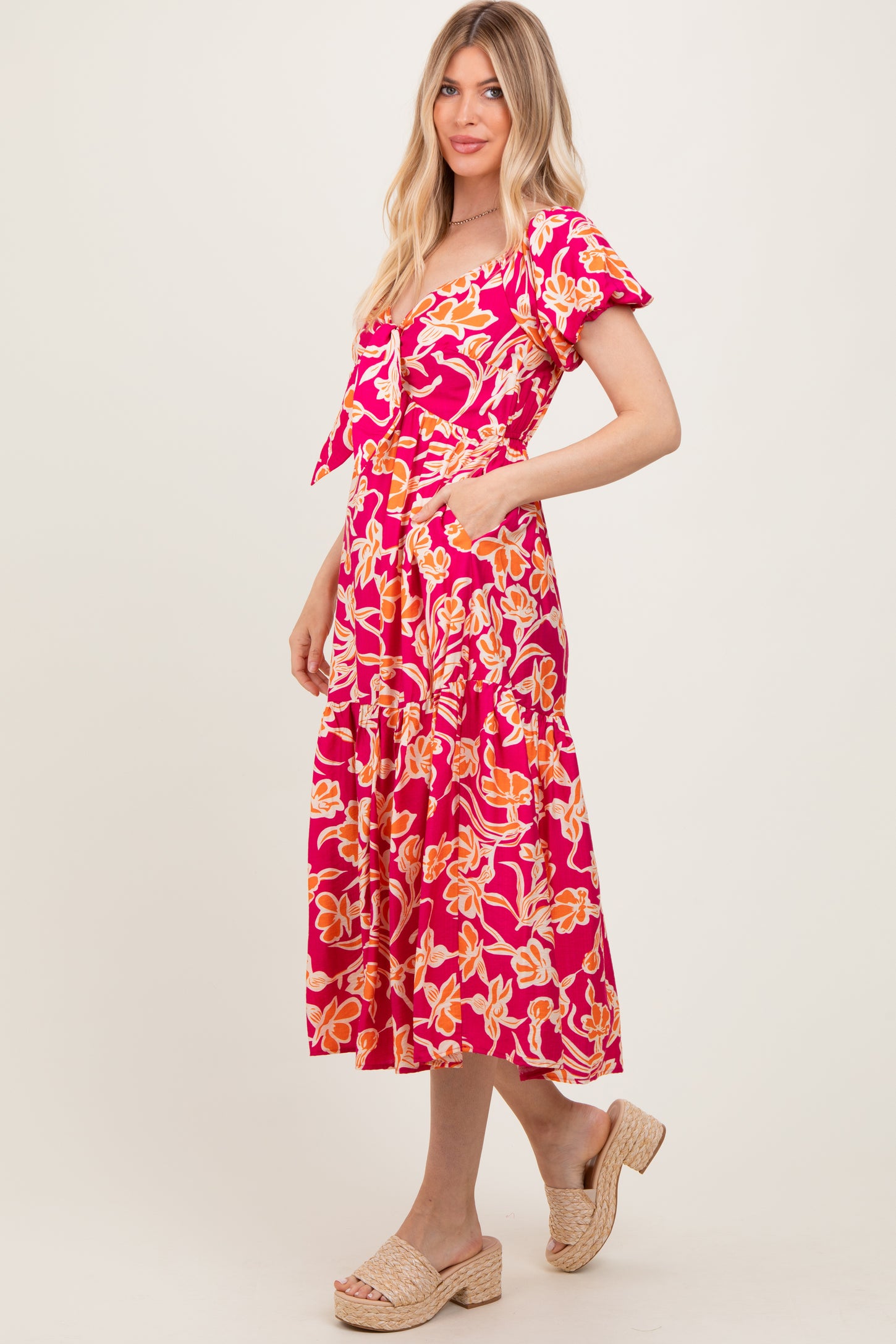 Coral Floral Front Tie Midi Dress