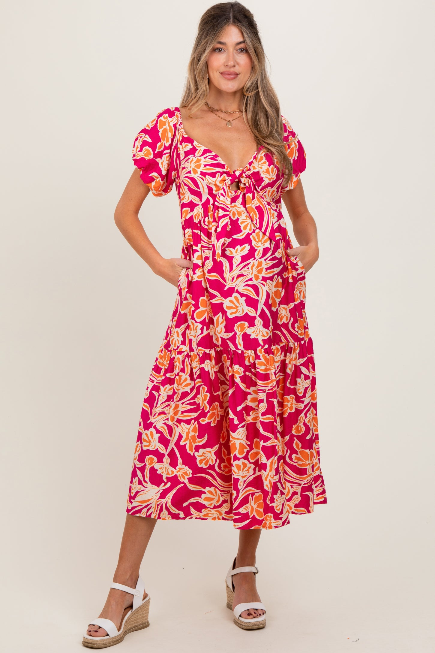 Coral Floral Front Tie Maternity Midi Dress