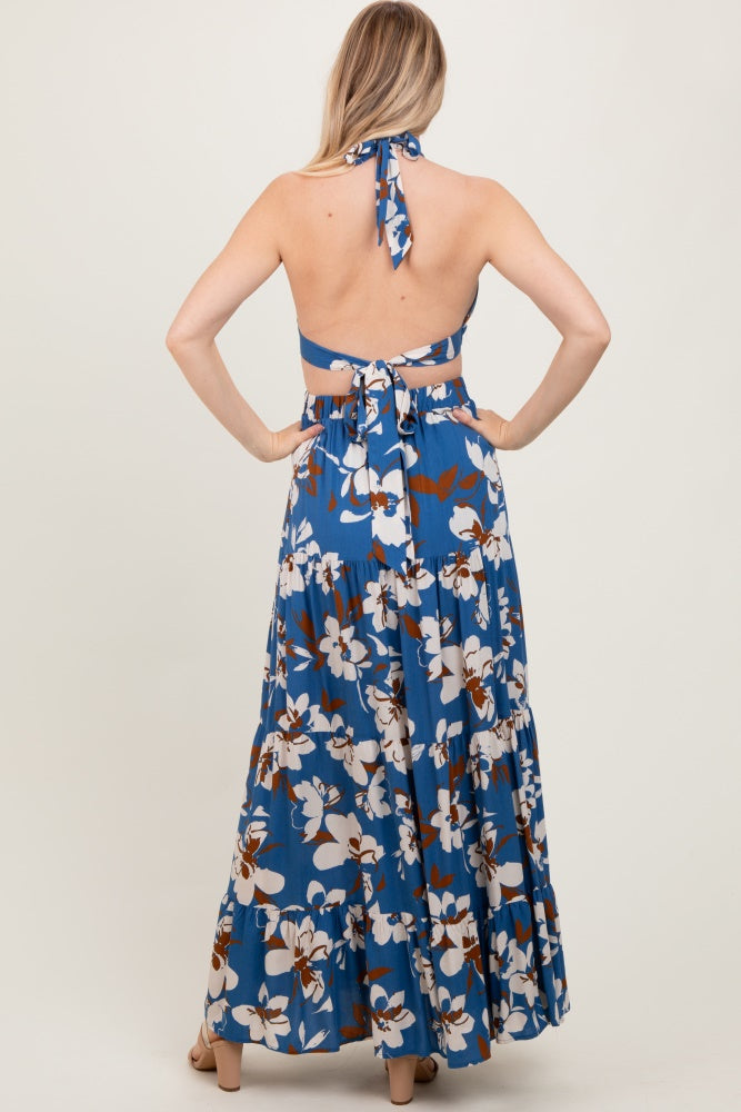 Blue Floral Halter Side Cutout Maxi Dress