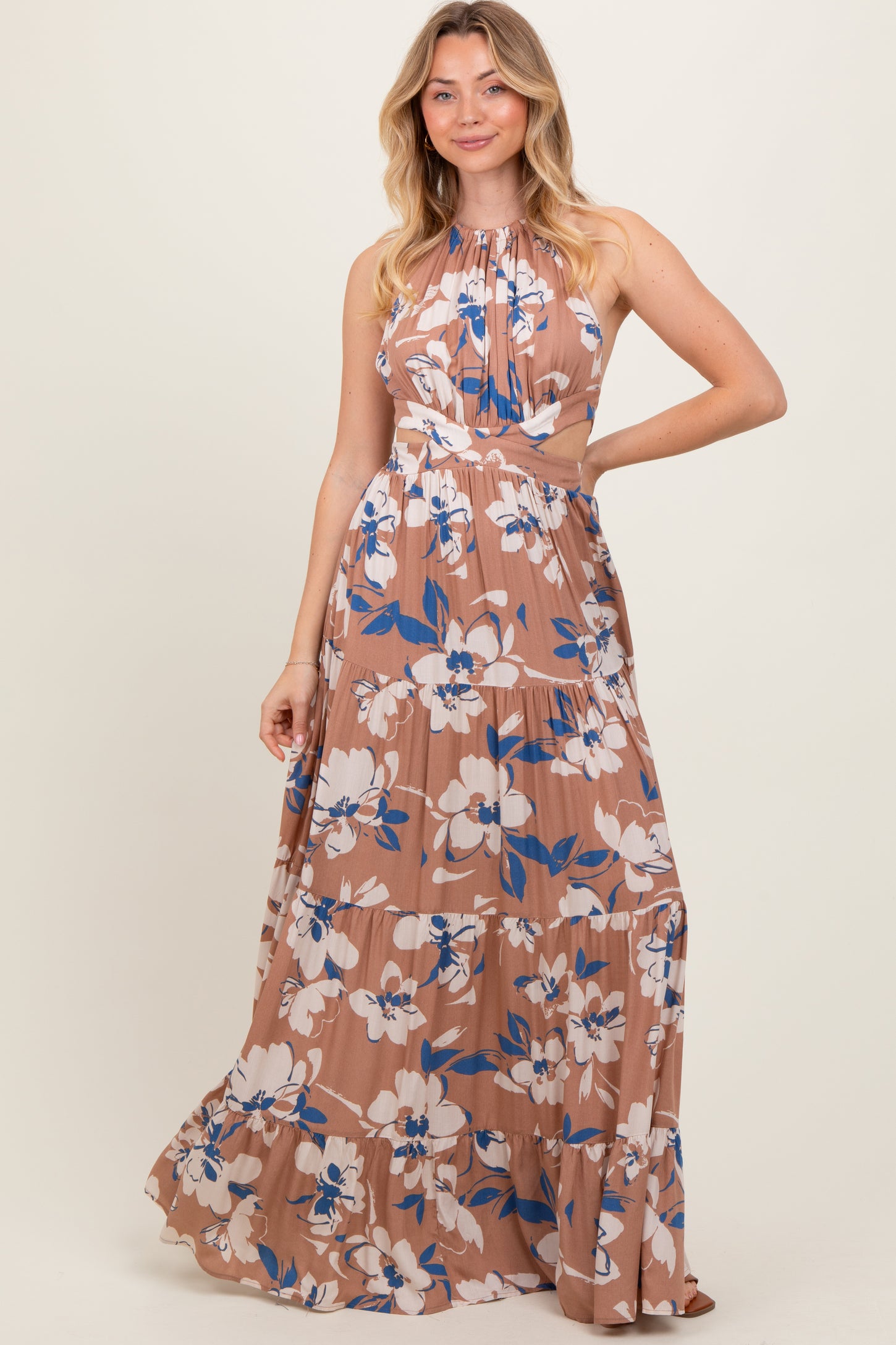 Taupe Floral Halter Side Cutout Maxi Dress