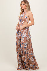 Taupe Floral Halter Side Cutout Maxi Dress