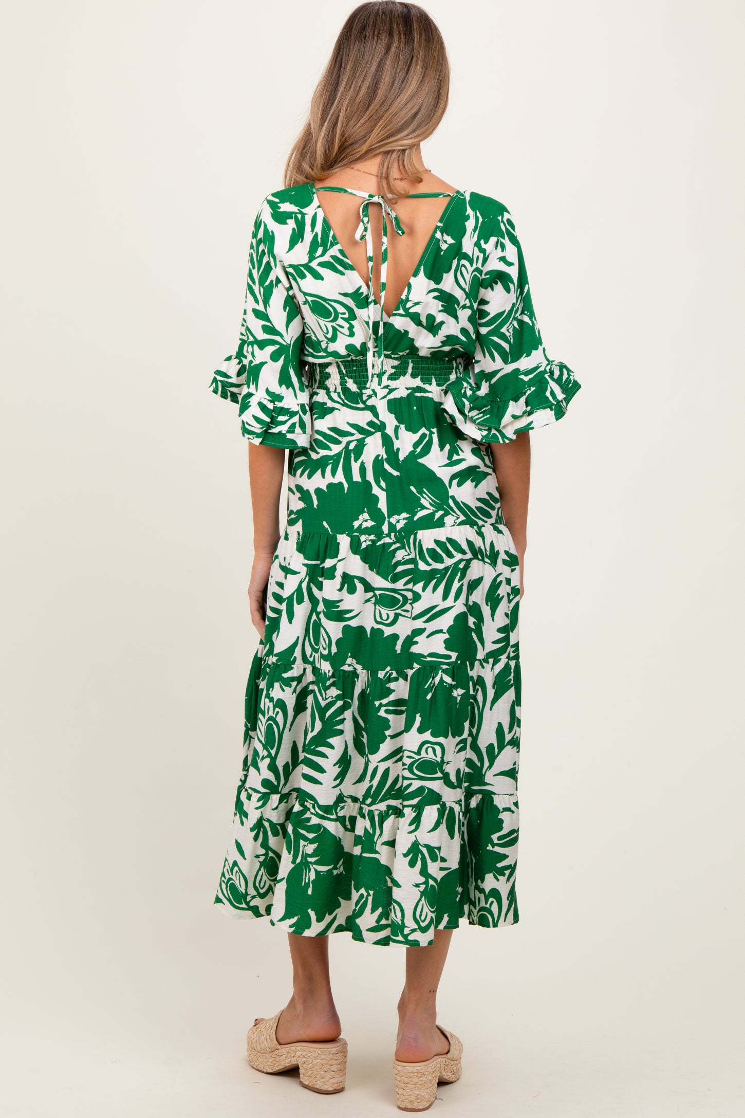 Green Abstract Floral V-Neck Tiered Maternity Midi Dress