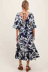 Navy Abstract Floral V-Neck Tiered Maternity Midi Dress
