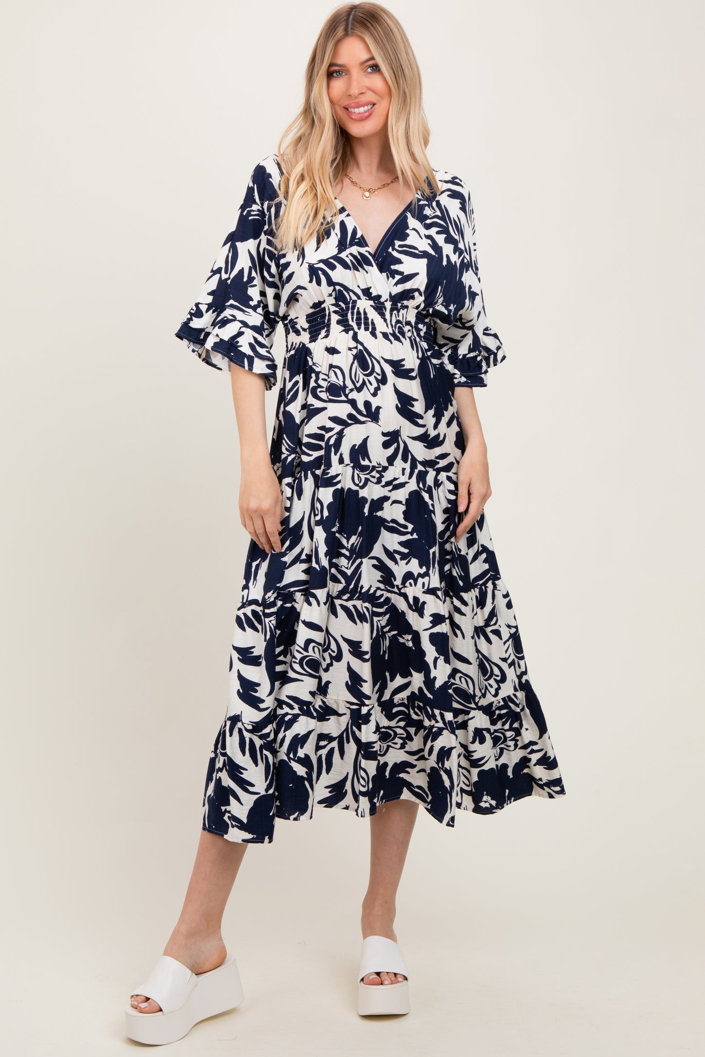 Navy Abstract Floral V-Neck Tiered Maternity Midi Dress