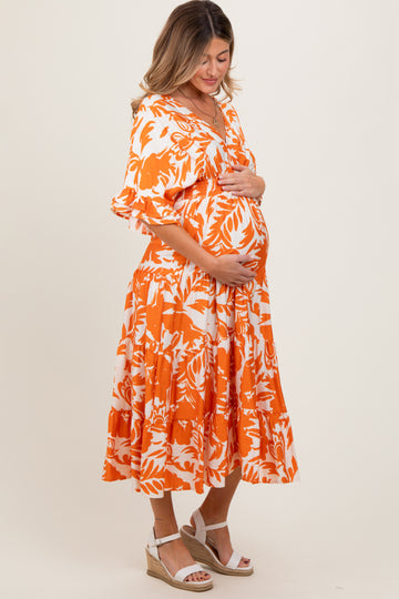 Orange Abstract Floral V-Neck Tiered Maternity Midi Dress