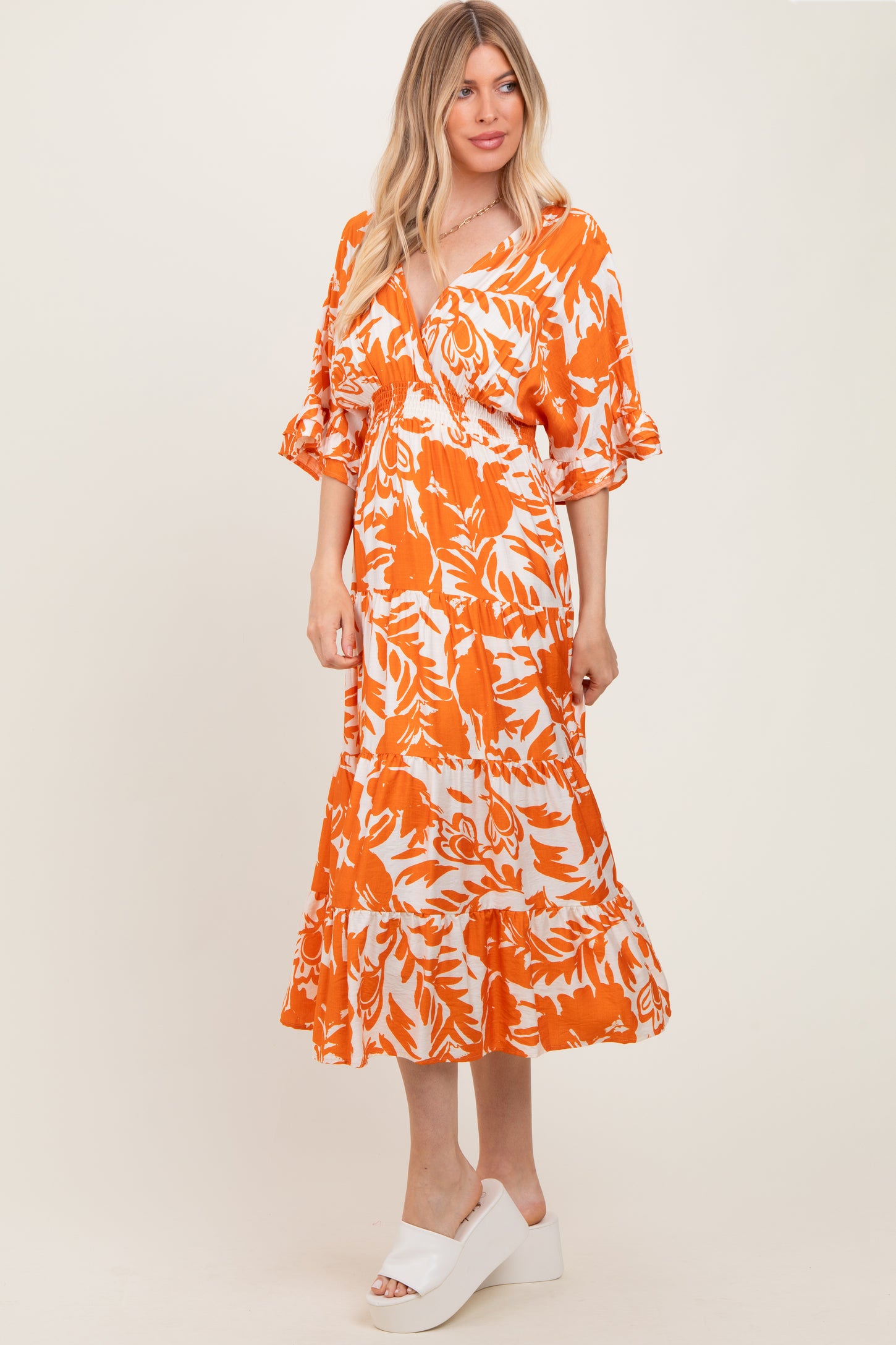 Orange Abstract Floral V-Neck Tiered Midi Dress