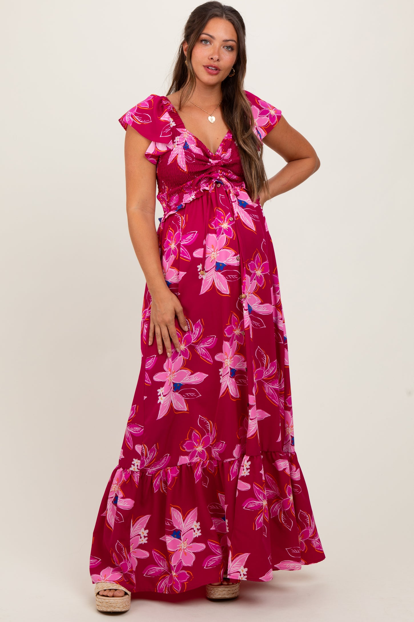 Magenta Floral Smocked Cinched Top Maternity Maxi Dress