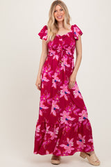 Magenta Floral Smocked Cinched Top Maxi Dress