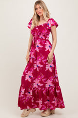 Magenta Floral Smocked Cinched Top Maxi Dress