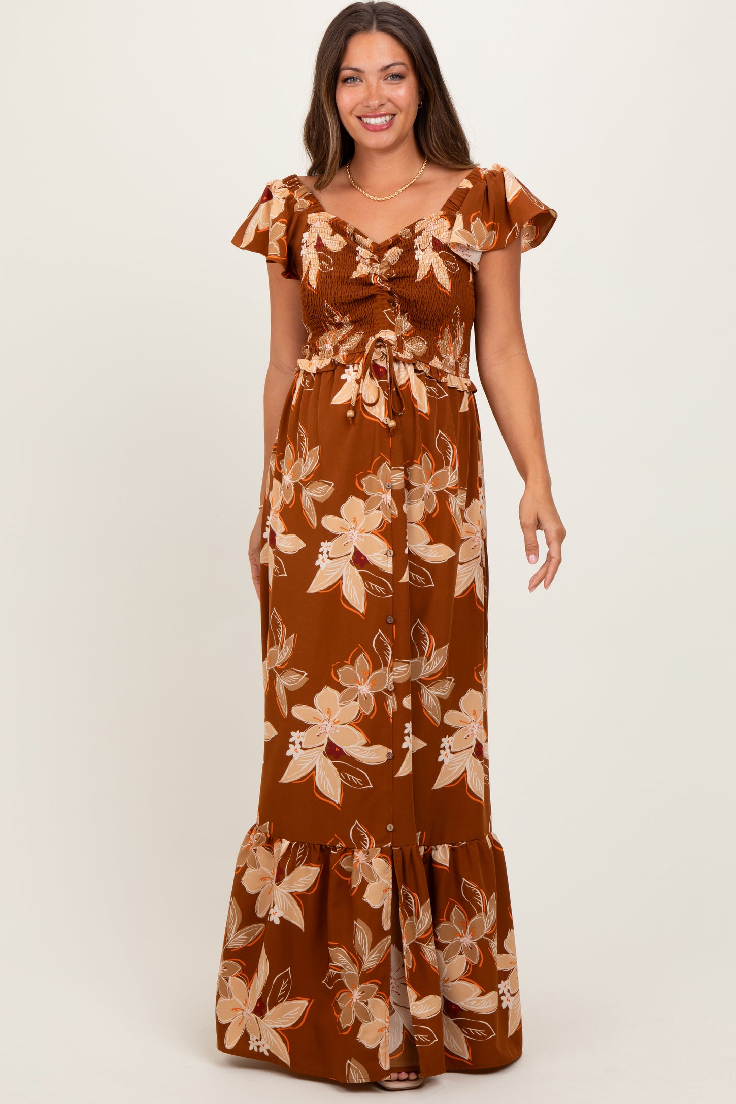 Mocha Floral Smocked Cinched Top Maternity Maxi Dress