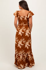 Mocha Floral Smocked Cinched Top Maternity Maxi Dress