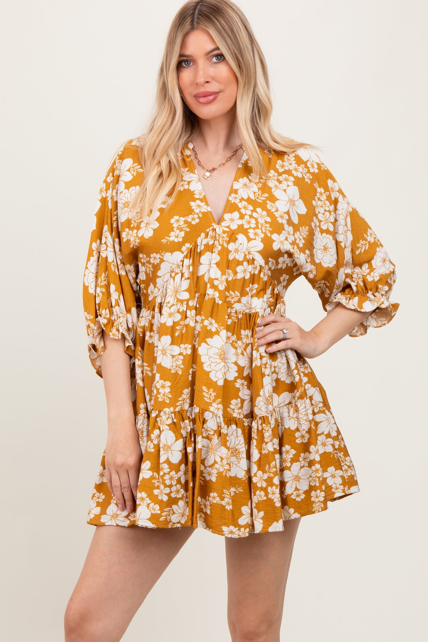 Yellow Floral Deep V-Neck Mini Dress