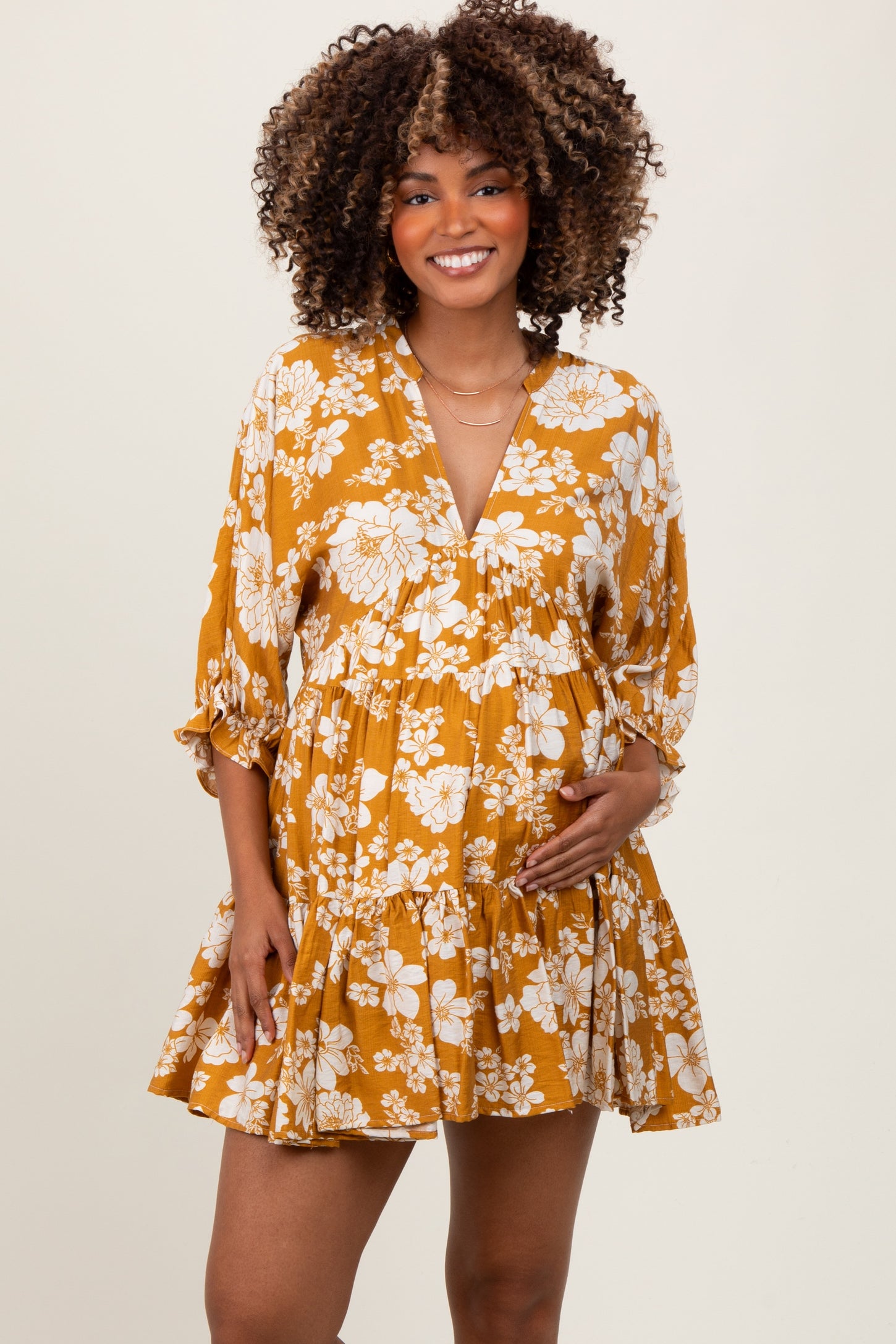 Yellow Floral Deep V-Neck Maternity Mini Dress