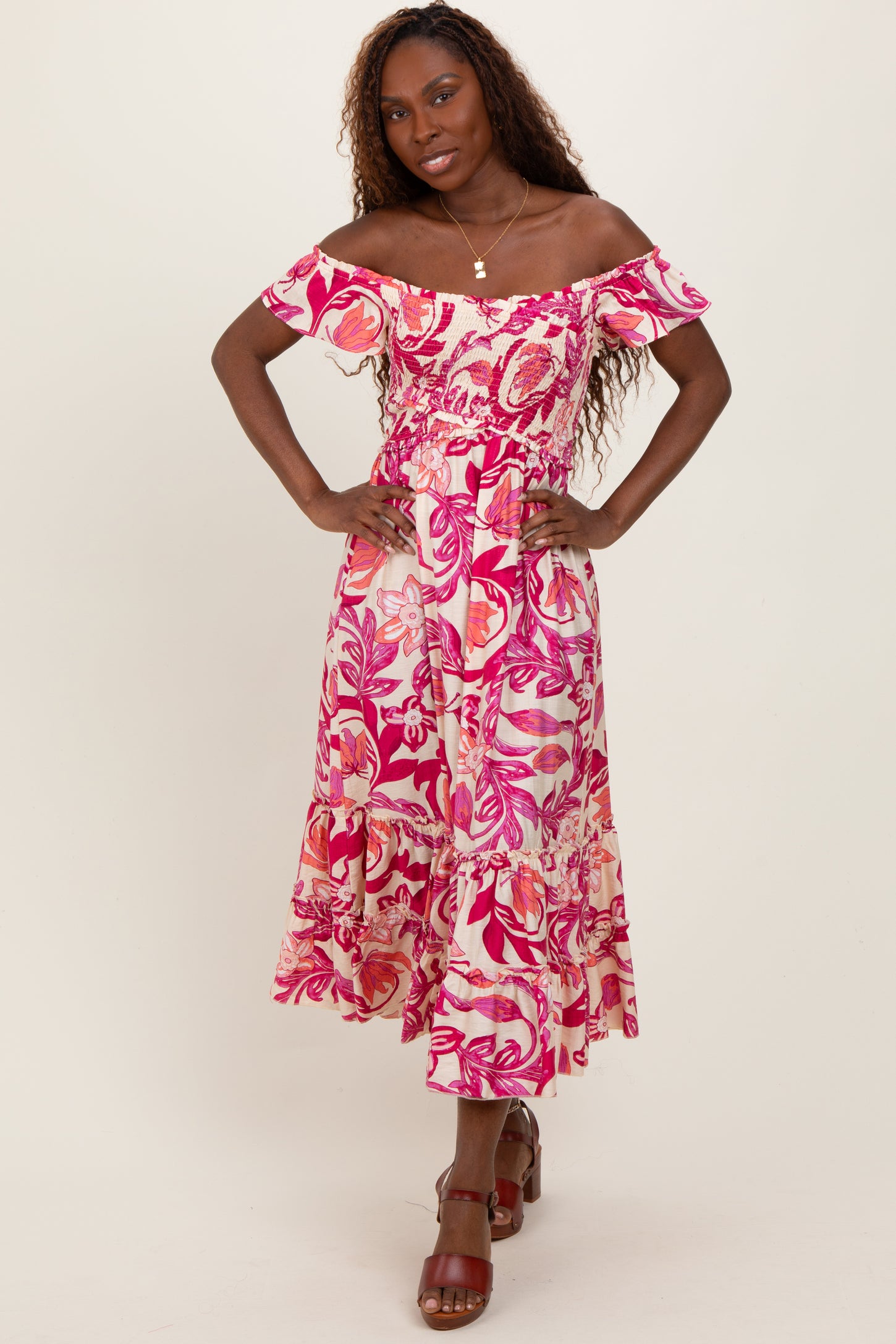 Magenta Multi Smocked Top Woven Midi Dress