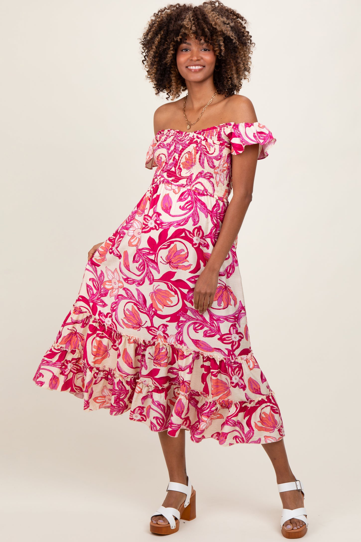 Magenta Multi Smocked Top Woven Maternity Midi Dress