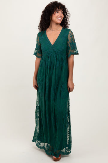 Green Lace Mesh Overlay Maxi Dress