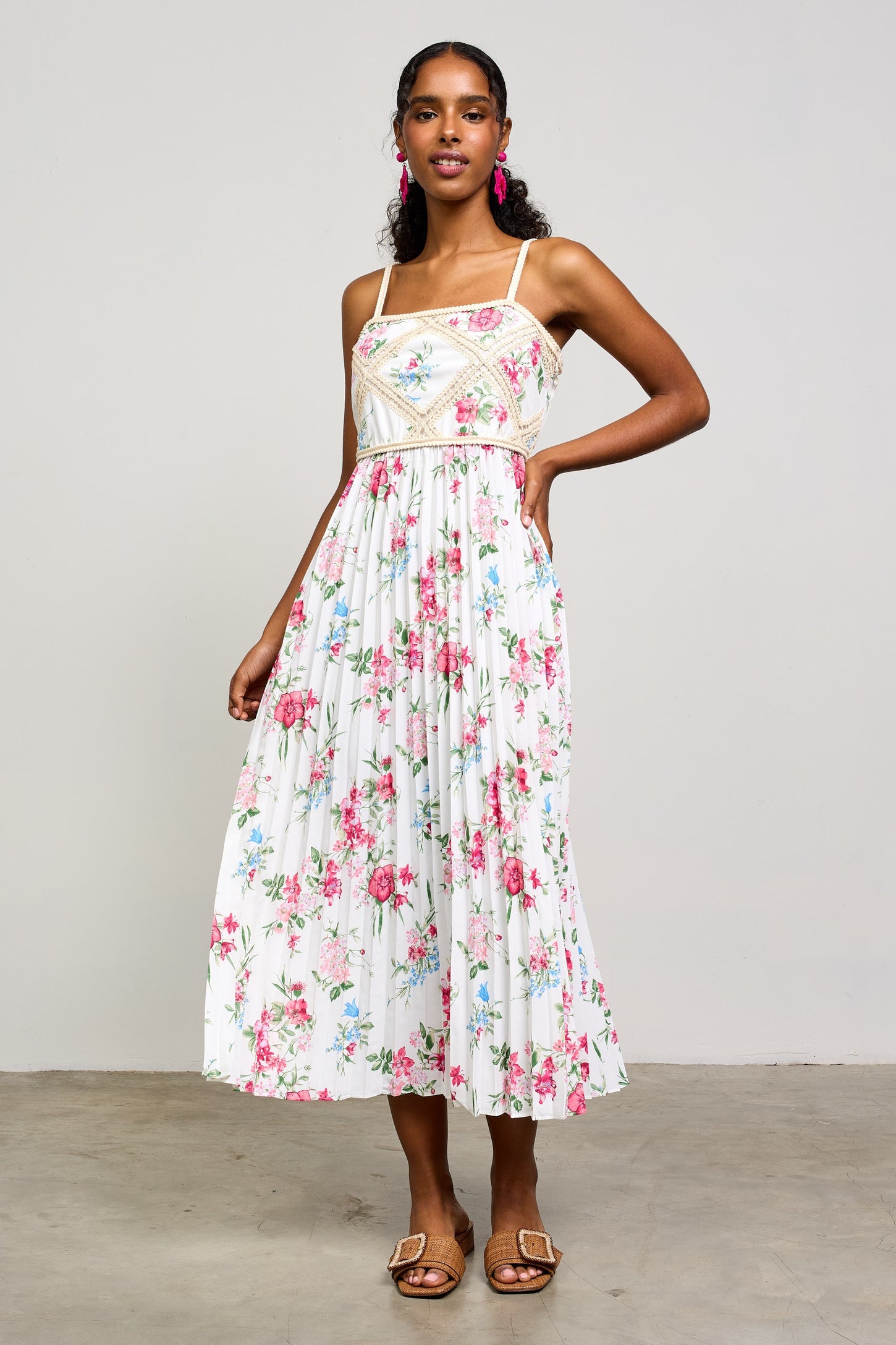 White Floral Pleated Crotchet Detail Maternity Midi Dress