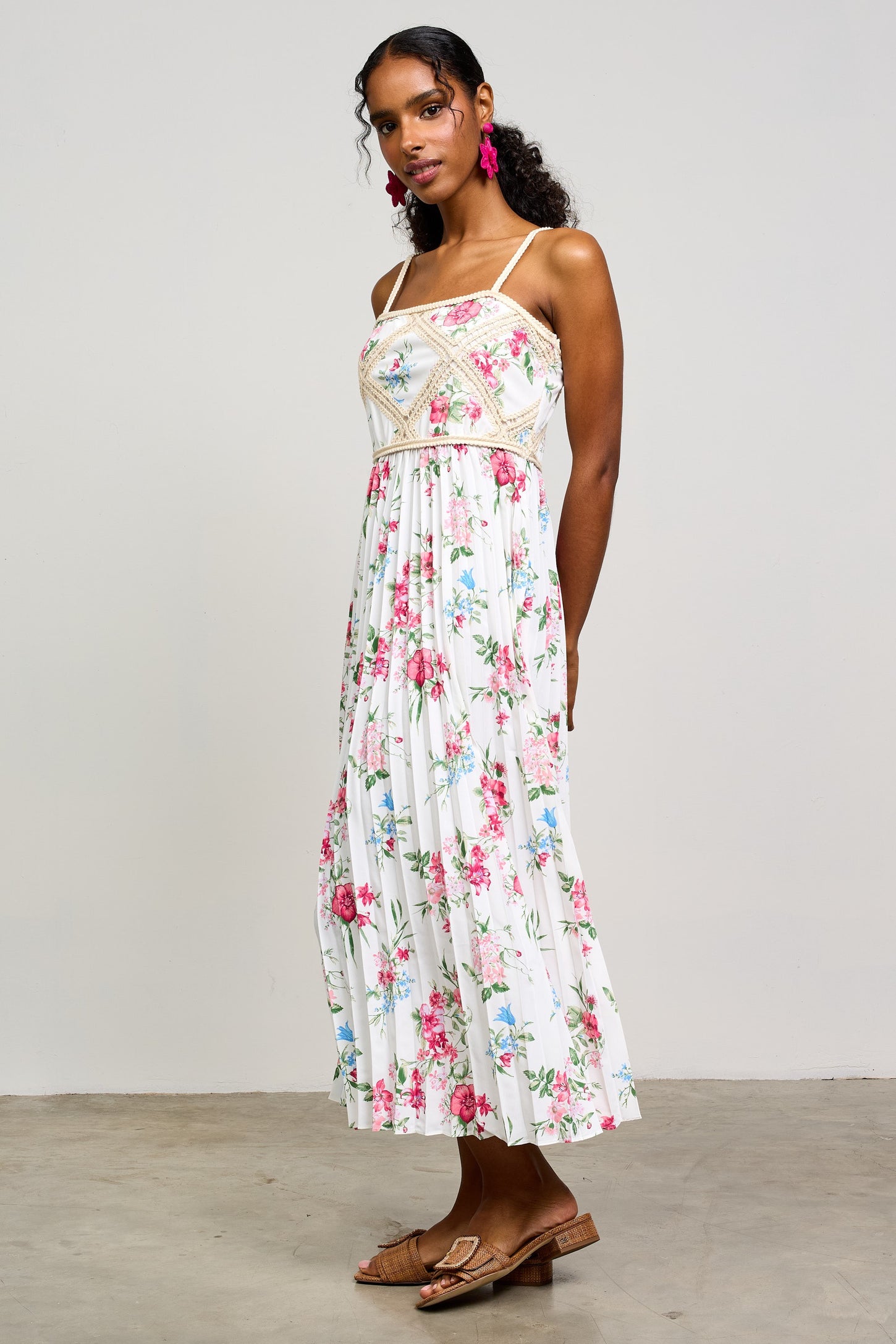 White Floral Pleated Crotchet Detail Midi Dress