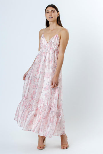 Pink Floral Satin Ruffle Hem Maxi Dress