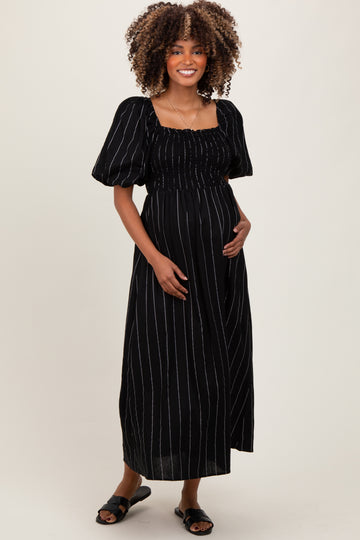 Black Linen Stripe Puff Sleeve Maternity Midi Dress