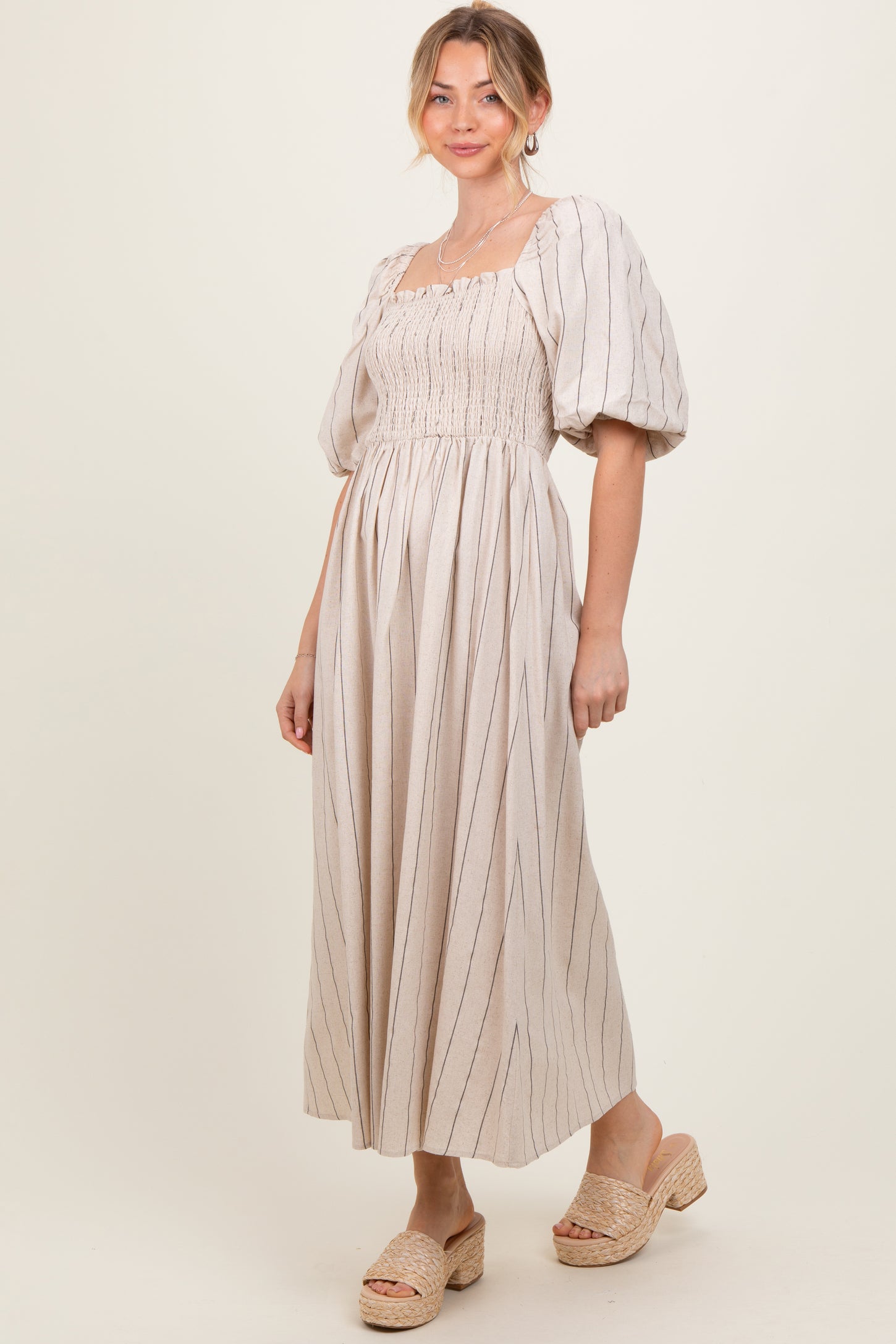 Beige Linen Stripe Puff Sleeve Midi Dress