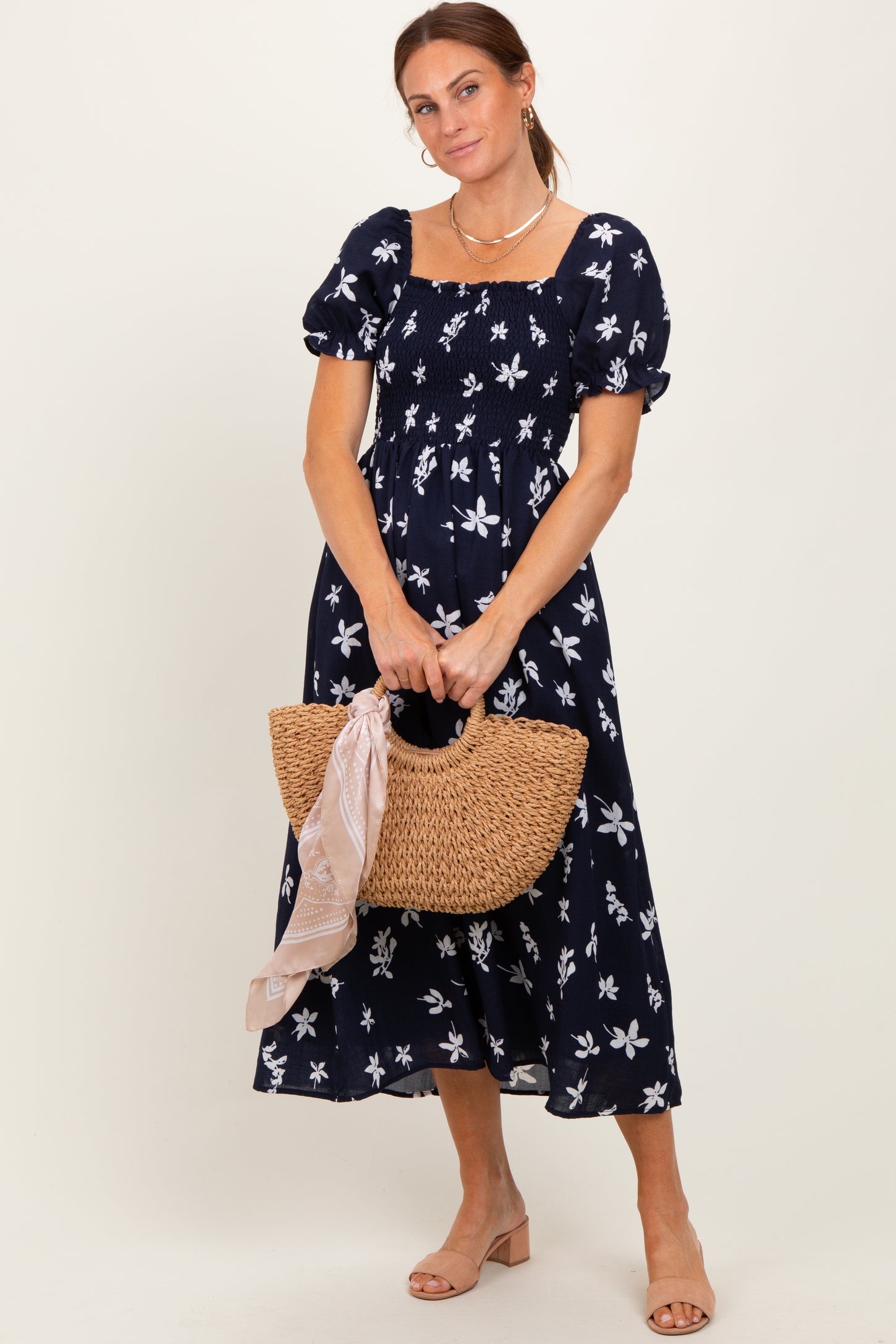 Navy Floral Puff Sleeve Maternity Midi Dress