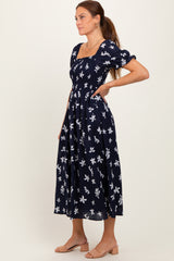 Navy Floral Puff Sleeve Midi Dress