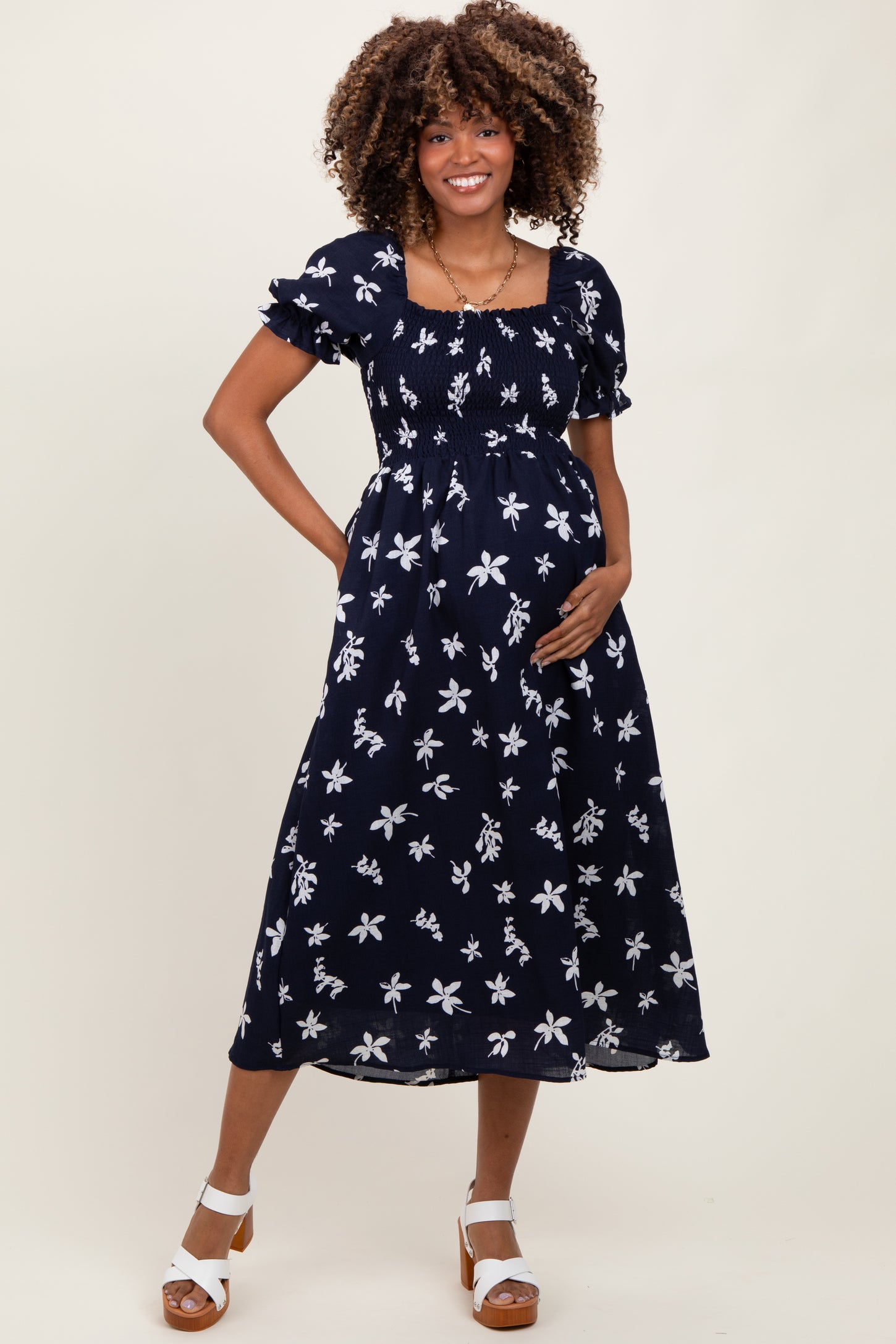 Navy Floral Puff Sleeve Maternity Midi Dress