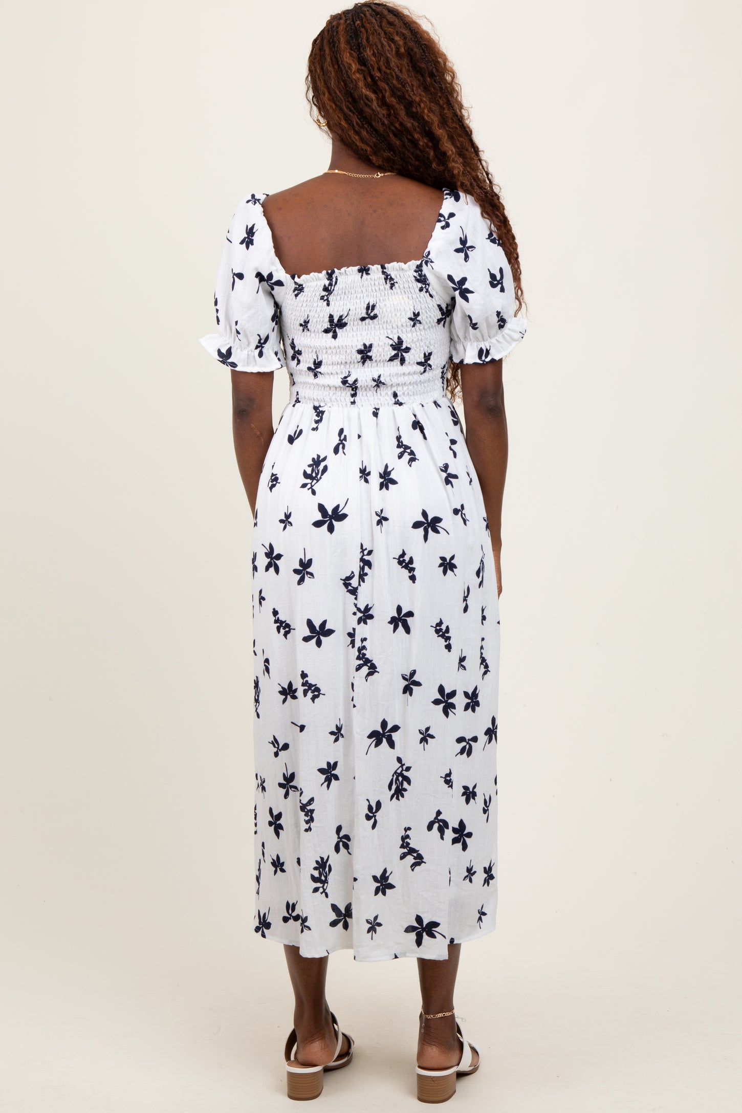 Ivory Floral Puff Sleeve Midi Dress