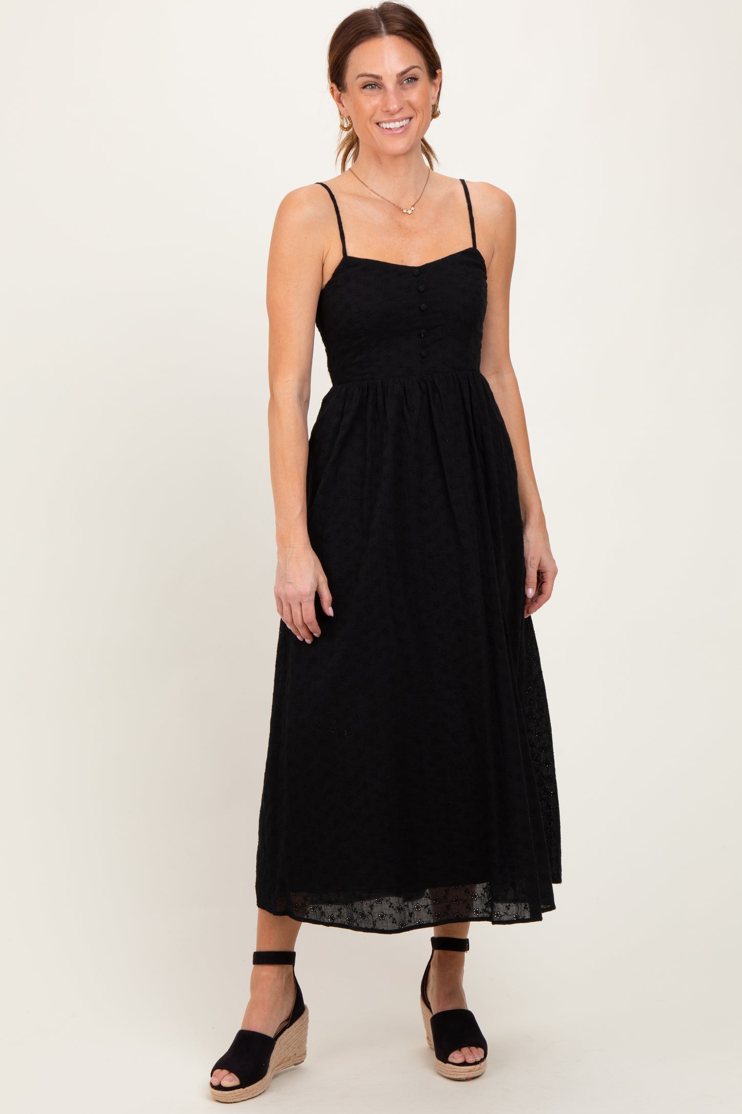 Black Eyelet Front Button Sleeveless Maternity Midi Dress