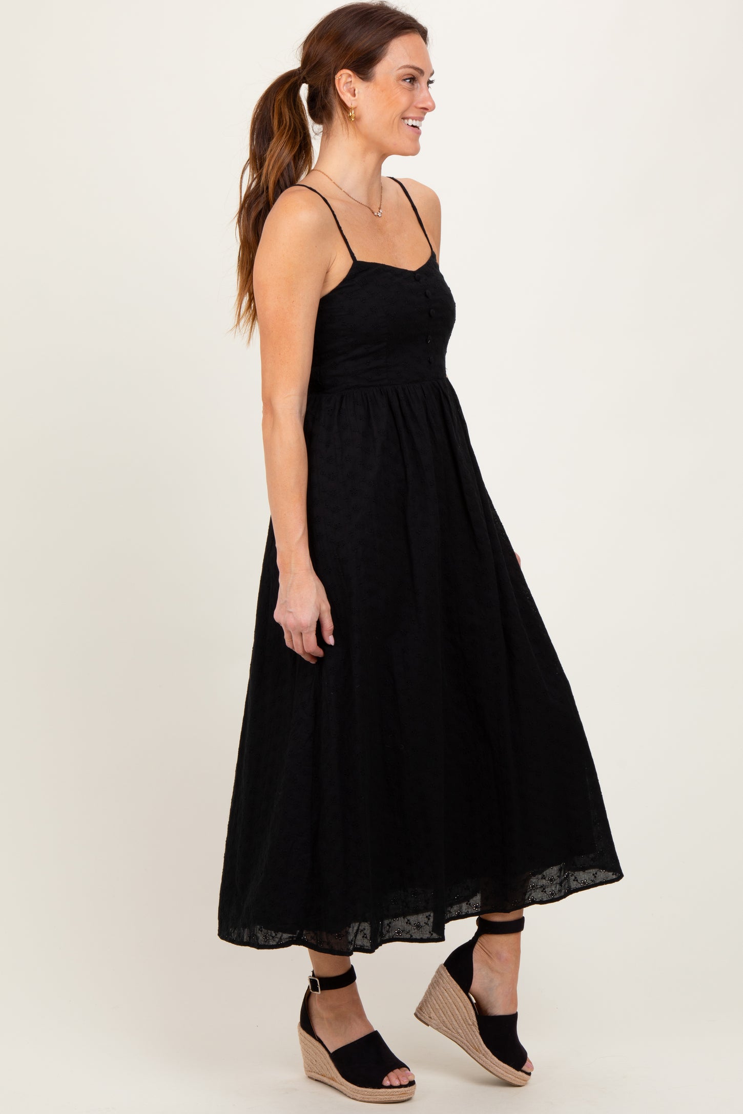 Black Eyelet Front Button Sleeveless Midi Dress