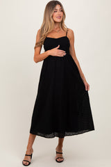 Black Eyelet Front Button Sleeveless Maternity Midi Dress