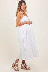 White Eyelet Front Button Sleeveless Maternity Midi Dress