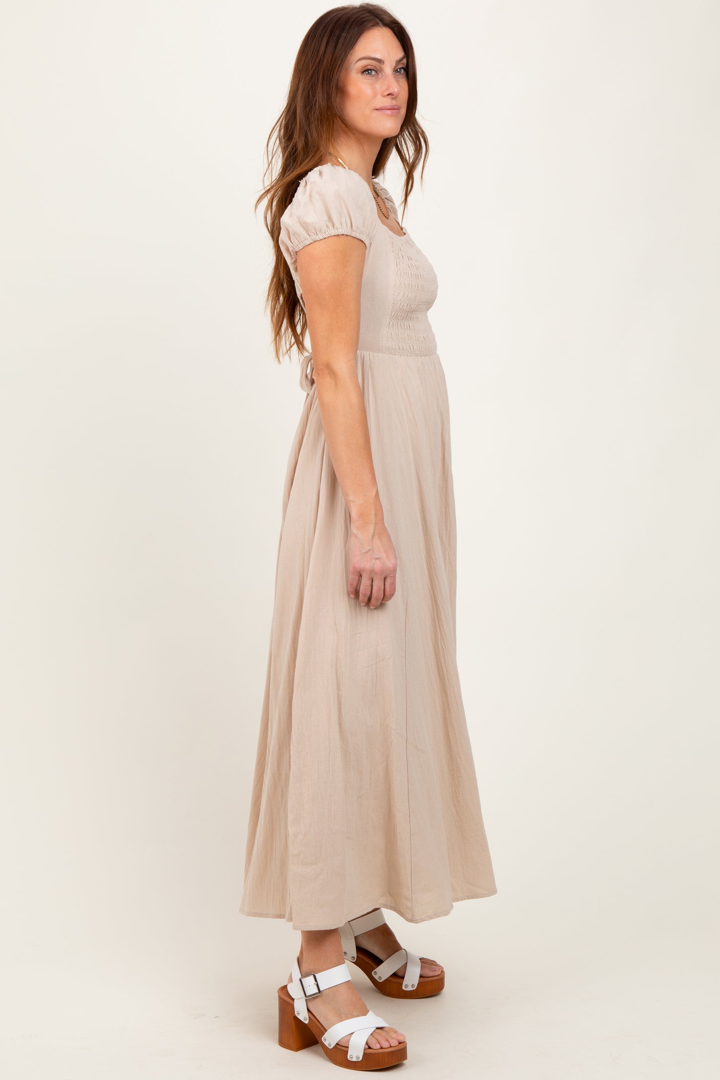 Beige Square Neck Smocked Top Criss Cross Back Tie Maxi Dress