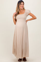 Beige Square Neck Smocked Top Criss Cross Back Tie Maternity Maxi Dress