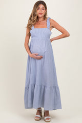 Navy Scrunch Strap Back Tie Ruffle Maternity Maxi Dress