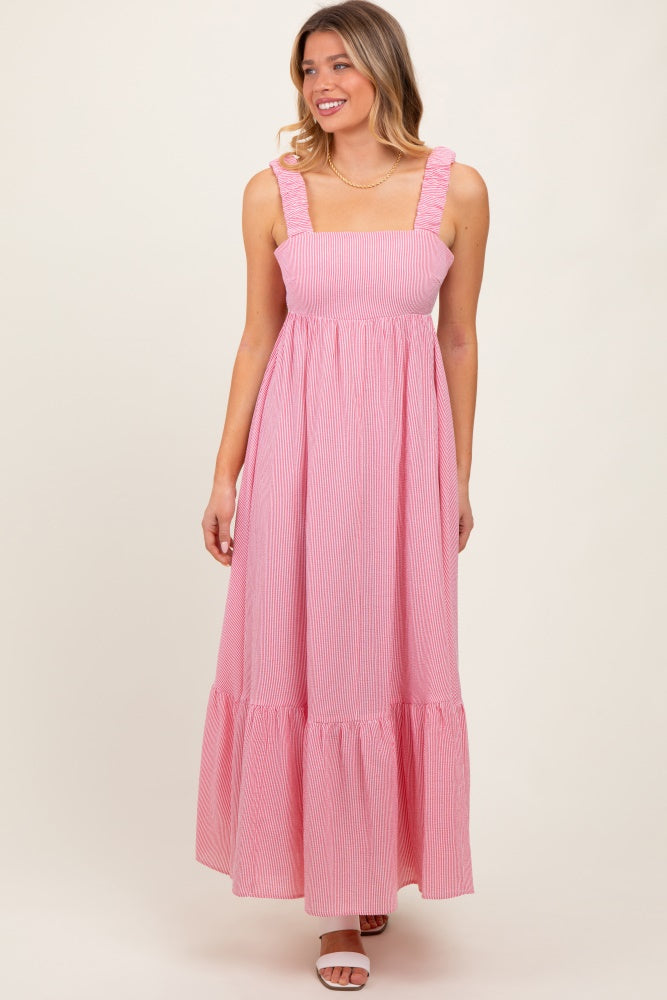 Red Scrunch Strap Back Tie Ruffle Maternity Maxi Dress