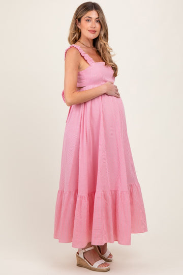 Red Scrunch Strap Back Tie Ruffle Maternity Maxi Dress