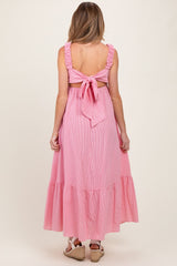 Red Scrunch Strap Back Tie Ruffle Maternity Maxi Dress