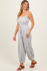 Cream Smocked Striped Balloon Jumpsuit