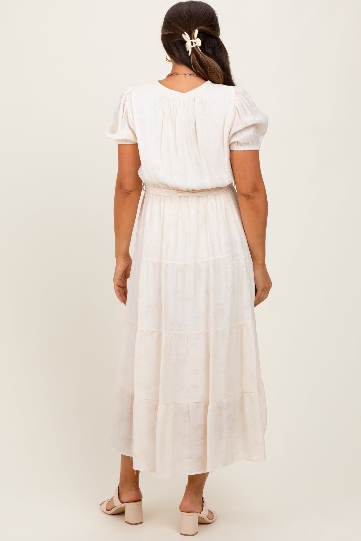 Cream Split Neckline Tiered Maternity Midi Dress