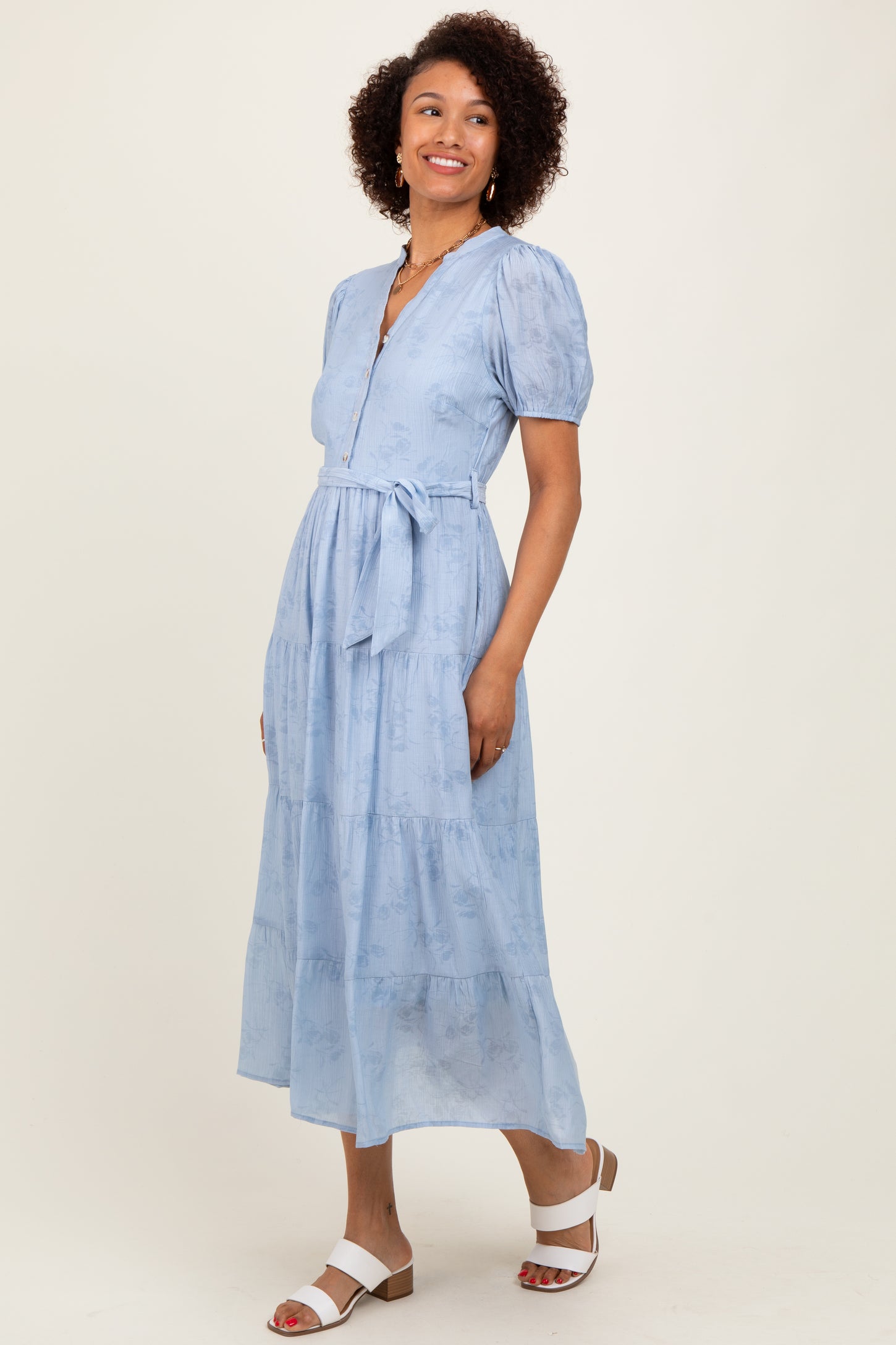 Light Blue Split Neckline Tiered Midi Dress