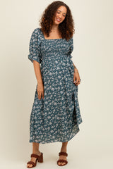 Forest Green Floral Smocked Puff Sleeve Maternity Midi Dress